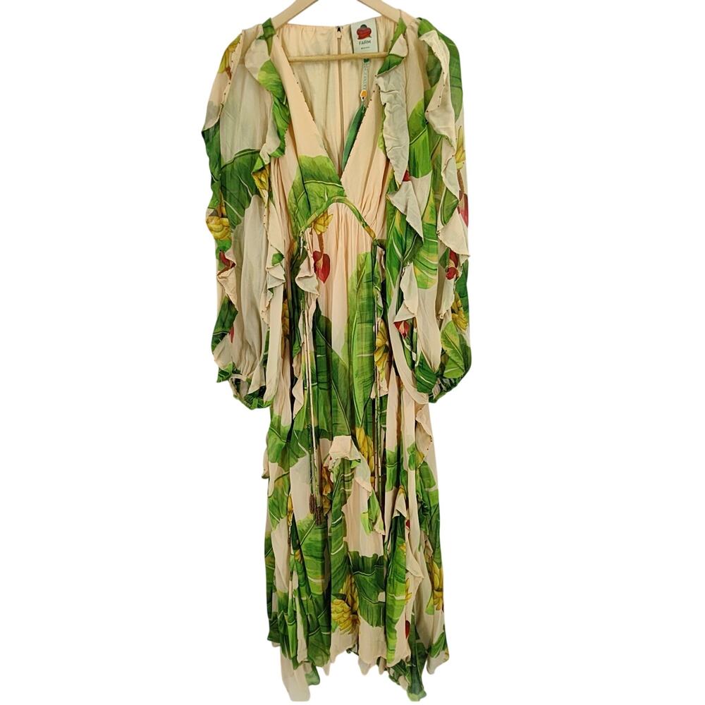 FARM Rio Women's Ruffled Banana-Print Maxi Dress Green/Beige Size XL NWT - Picture 8 of 14